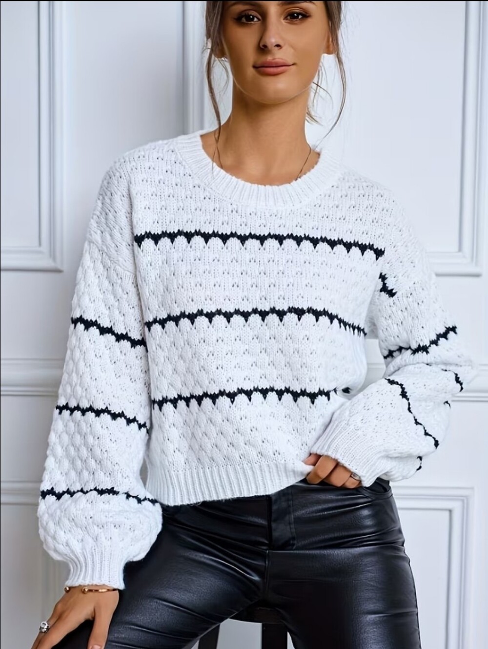 White Knit Stripe Crewneck Sweater